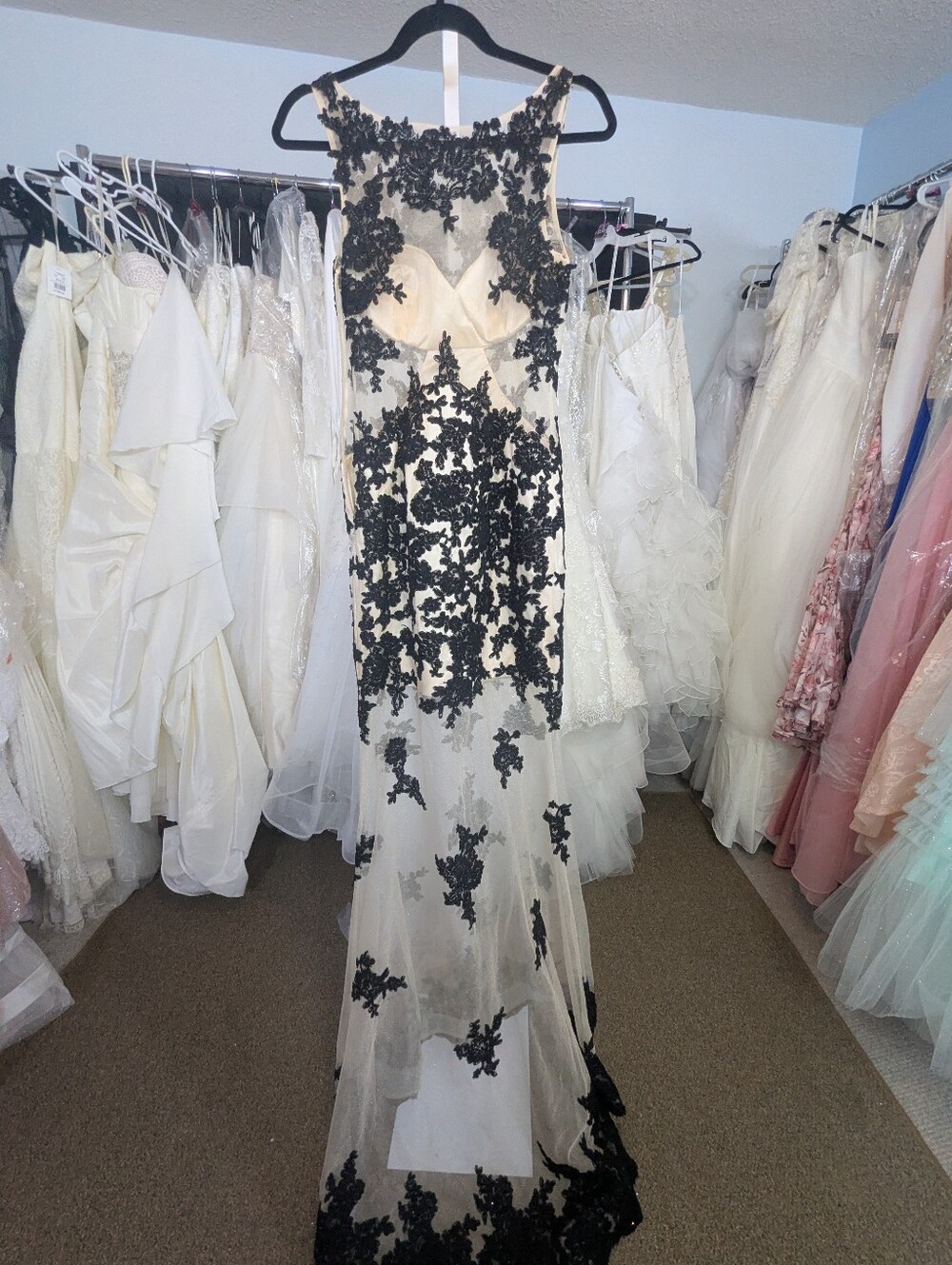 Madison James Black and Nude Floral Lace Illusion Mermaid Gown - Picture 9 of 10